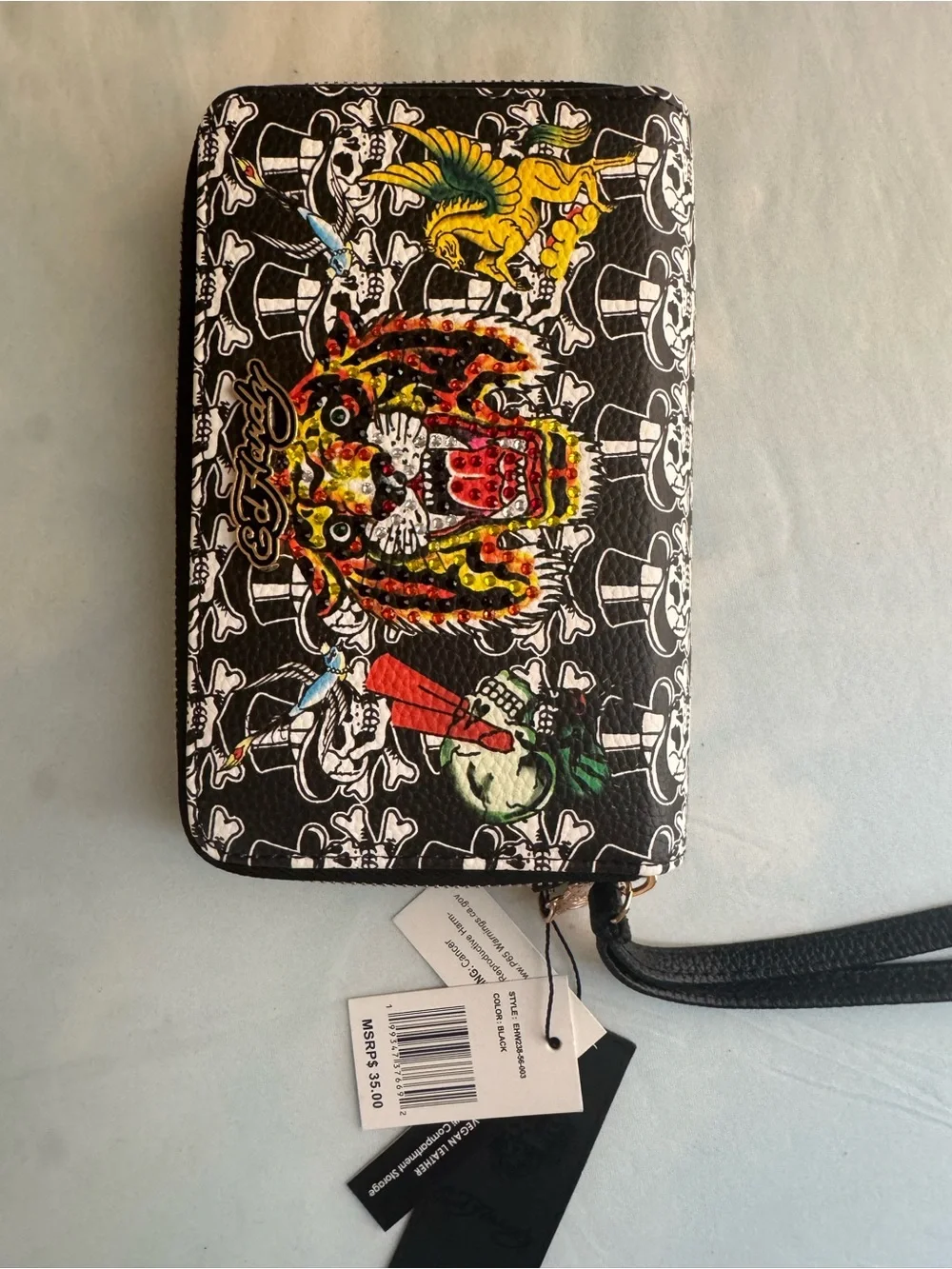 Ed Hardy Black Printed Tiger Zip Wallet Wristlet